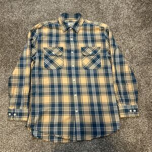 Surf Pendleton Seaside Shirt Mens Small Plaid Button Up Short Sleeve Tan Blue